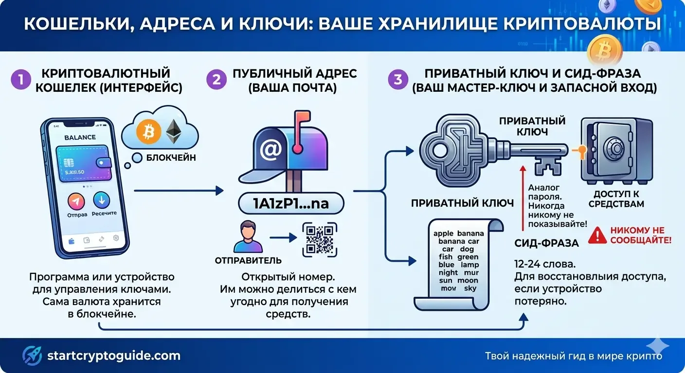 StartCryptoGuide — Обложка для статьи «Кошельки, адреса и ключи: ваше хранилище криптовалюты»