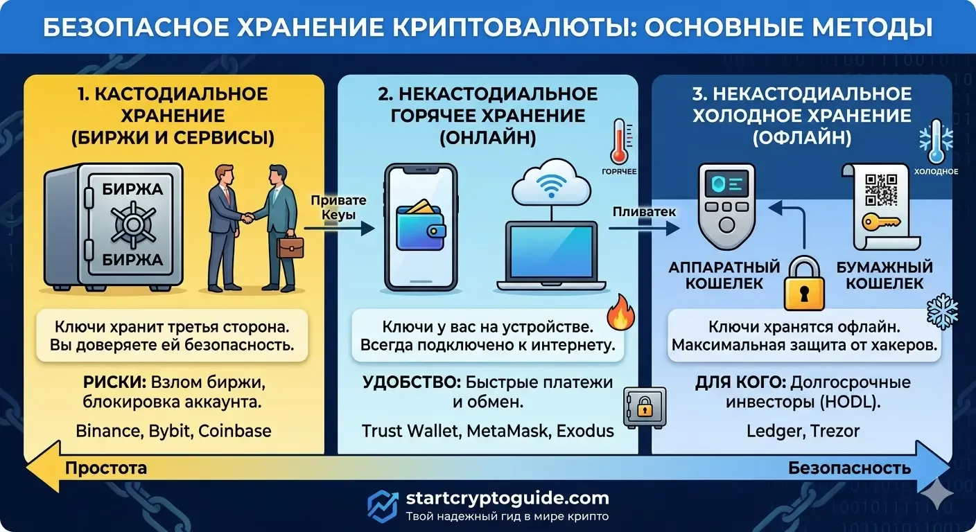 StartCryptoGuide — Обложка для статьи «Безопасное хранение криптовалюты: основные методы»