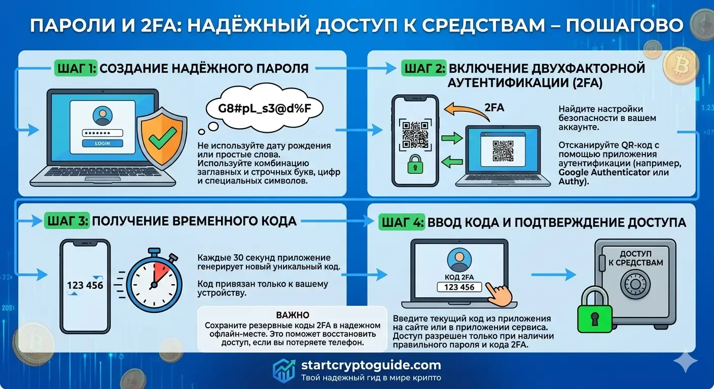 StartCryptoGuide — Пароли и 2FA: как не потерять доступ к средствам