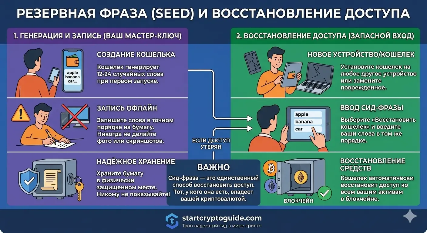 StartCryptoGuide — Резервная фраза (seed) и восстановление доступа