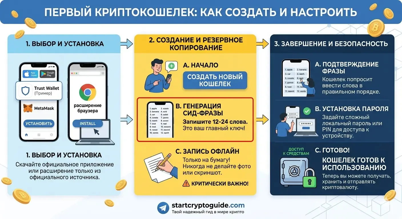 StartCryptoGuide — Первый криптокошелёк: как создать и настроить
