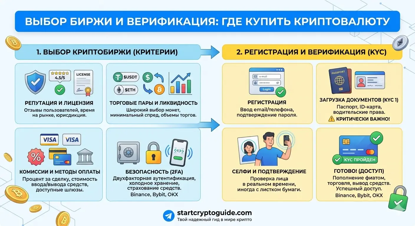 StartCryptoGuide — Выбор биржи и верификация: где купить криптовалюту